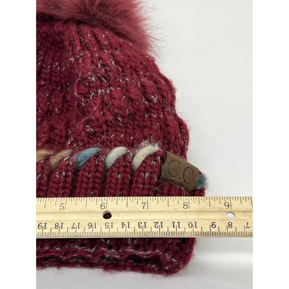 C.C Hat Beanie Womens One Size Red Knit Pom Fleece Lined Multicolor Cuff Winter